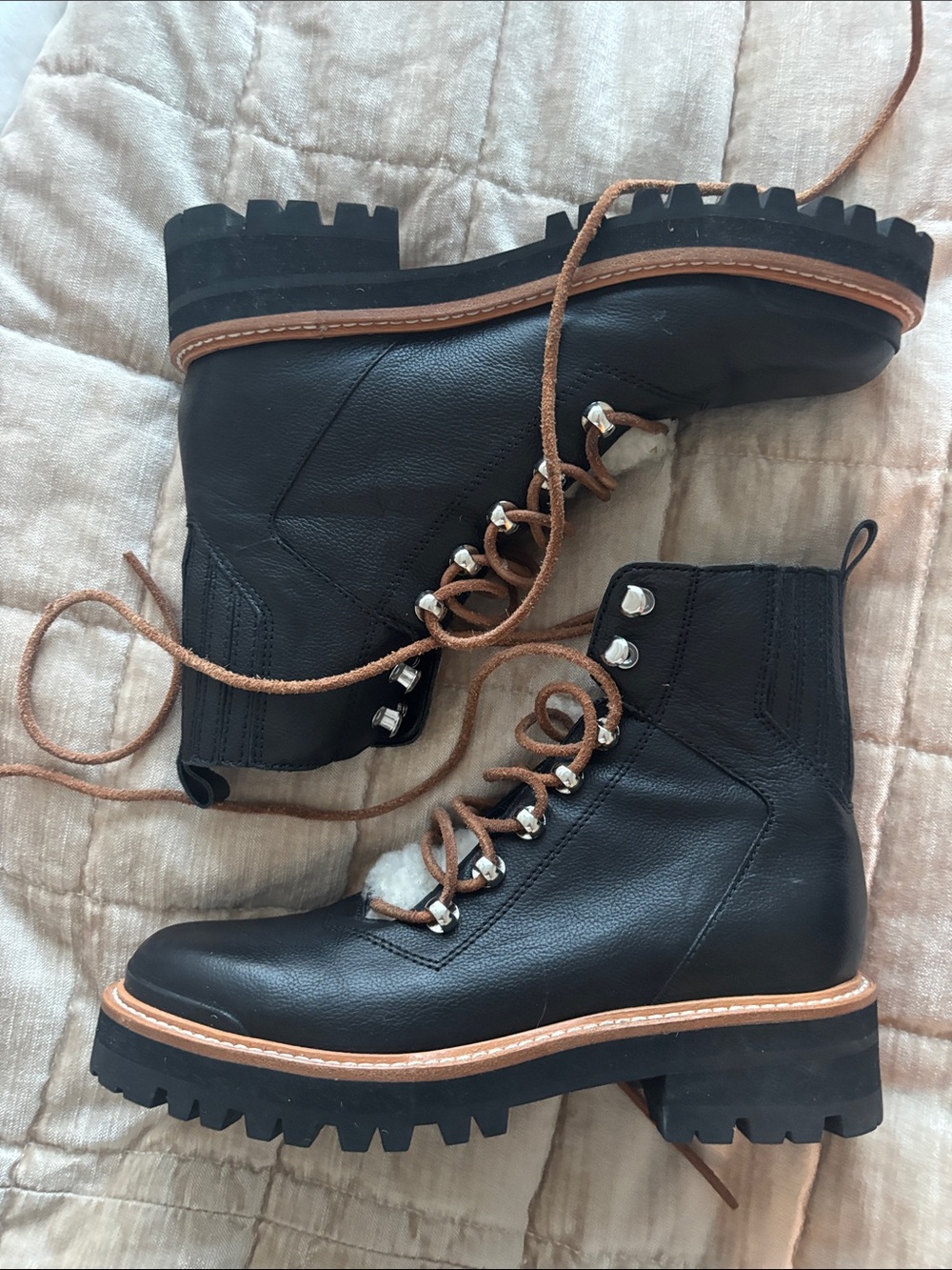 Marc Fisher Black Lace-Up Boots with Brown Laces and Cream Shearling - Picture 4 of 7
